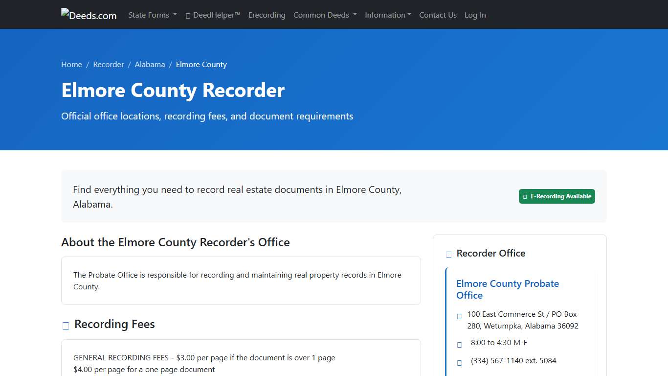 Elmore County Recorder Information, Alabama - Deeds.com